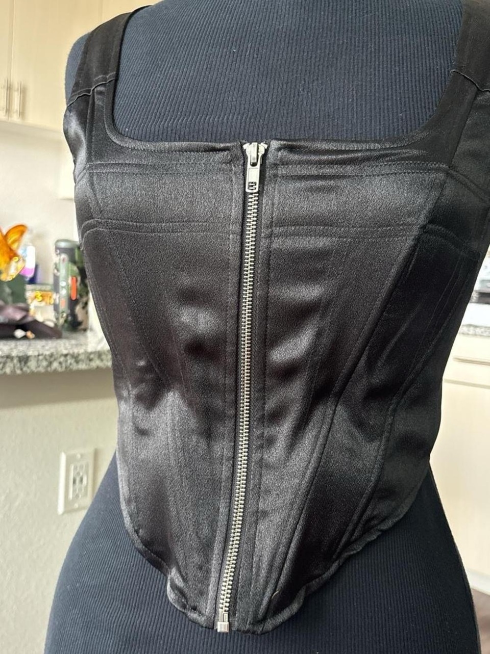 Black Satin Zip-Front Corset Crop Top - Unbranded